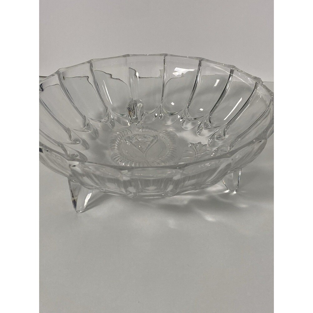 Vintage Pressed Glass Bowl Floral Design Footed Scalloped Edge Display Or Use